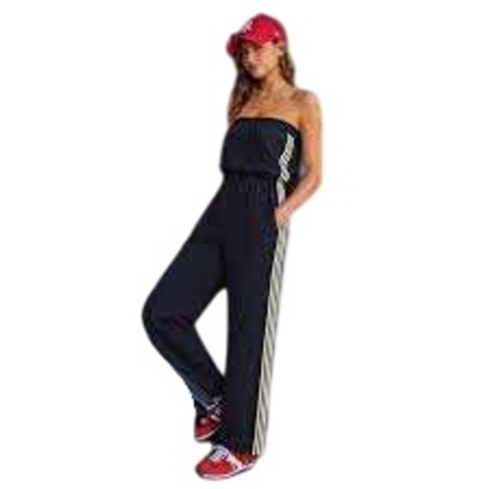 Bishop + Young Strapless Side Stripe Wide Leg Jumpsuit Black XL NEW